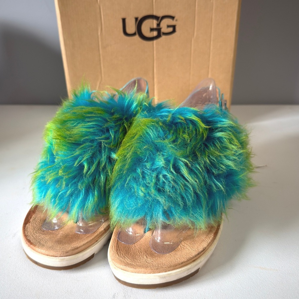 UGG Womens Teal Lime Green Faux Fur Slingback Holly Sandals Buckle Strap  10 - Picture 2 of 13